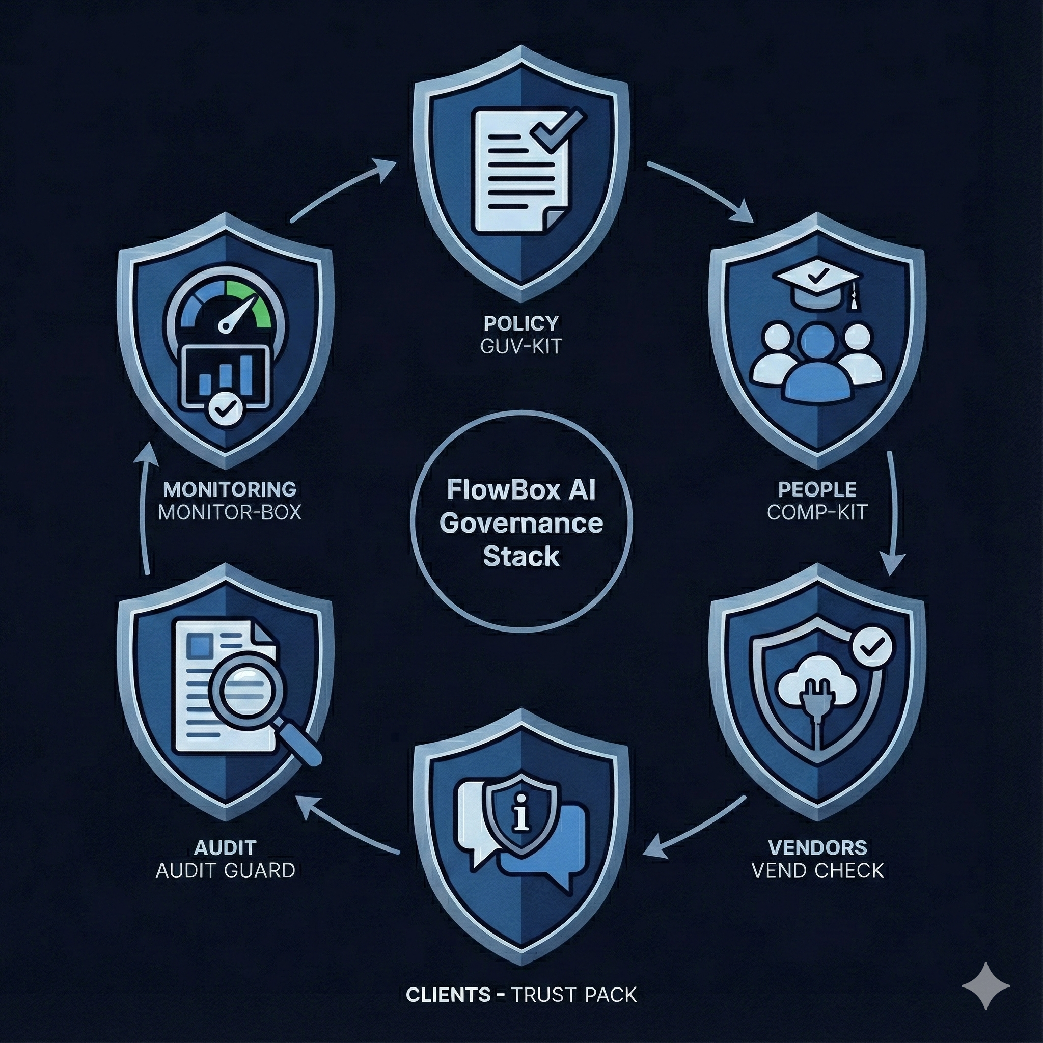 FlowBox AI Governance Stack showing policy, people, vendors, clients, audit and monitoring in a circular shield diagram